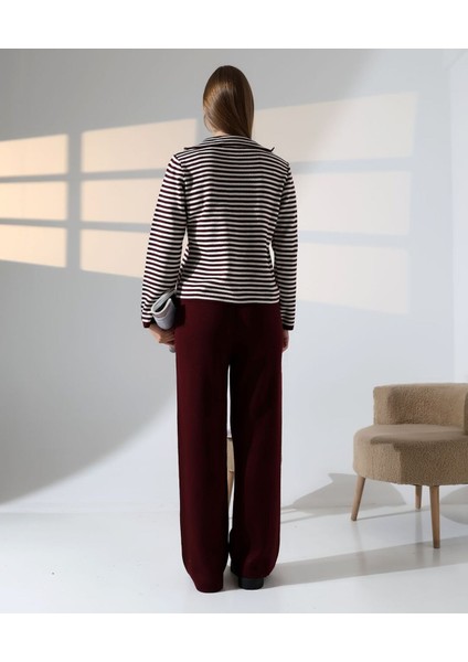 Çizgili Polo Yaka Kadın Triko Takım indirimleri
