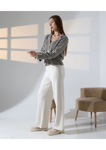 Çizgili Polo Yaka Kadın Triko Takım