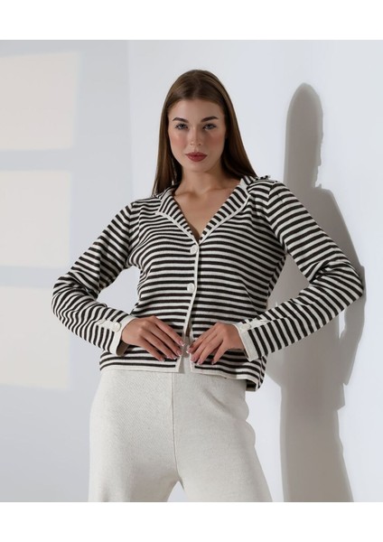 Çizgili Polo Yaka Kadın Triko Takım modelleri