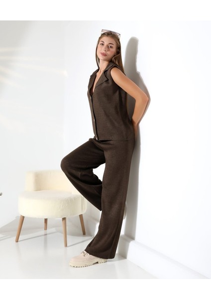 Parlak Düğmeli Şık Yelekli Triko Takım modelleri