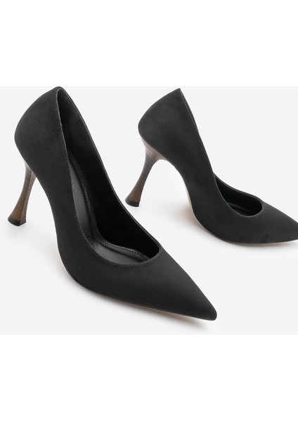 Kadın Stiletto Sivri Burun Ahşap Ökçe Desenli Topuklu Ayakkabı Oplin Siyah Süet