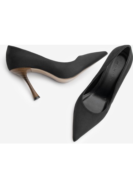 Kadın Stiletto Sivri Burun Ahşap Ökçe Desenli Topuklu Ayakkabı Oplin Siyah Süet