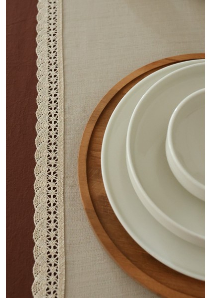 Yakacihome Elora Duck Keten Yıkanabilir Leke Tutmaz Cappuccino Kopenaki Dantel Detaylı Runner 40X140 cm modelleri