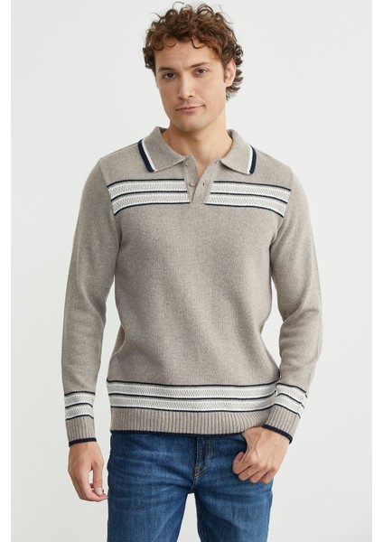 Polo Yaka Kilim Motifli Triko Kazak - Vizon