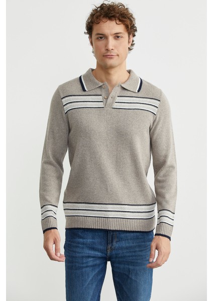 Polo Yaka Kilim Motifli Triko Kazak - Vizon fiyatları