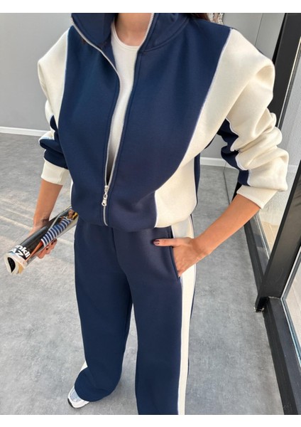 Kadın Garnili Biye Detaylı Fermuarlı 3 Iplik Eşofman Takım Örme Kumaş ile Rahatlık