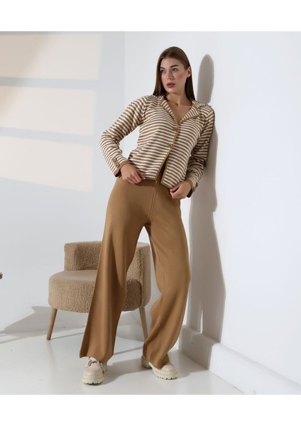 Çizgili Polo Yaka Kadın Triko Takım fiyatları