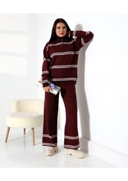 Yaka Fermuarlı Şeritli Basic Triko Takım
