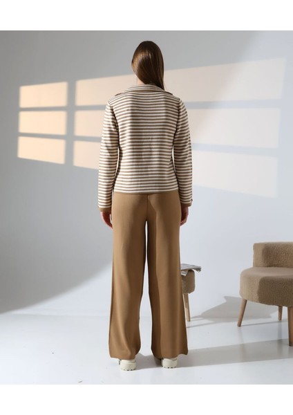 Çizgili Polo Yaka Kadın Triko Takım indirimleri