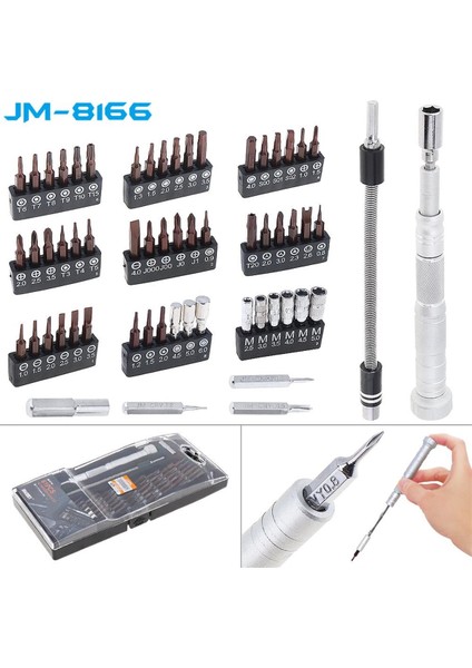 JM-8166 Bit Set 61 Parça Taşınabilir Mıknatıslı Hassas Tornavida Seti modelleri