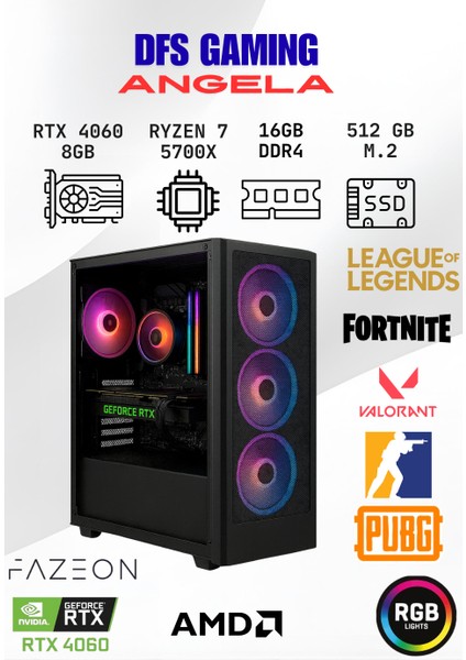 Dfs Gaming Angela Ryzen 7 5700X-B550M-RTX 4060 8GB-16GB RAM-512GB M.2 Ssd-Oyuncu Bilgisayarı