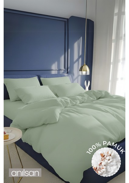 Düz Mint Yeşili Çift Kişilik Lastikli Çarşaf Düğmeli Ranforce Nevresim Takım %100 Pamuk 2 Adet Yastık Kılıf