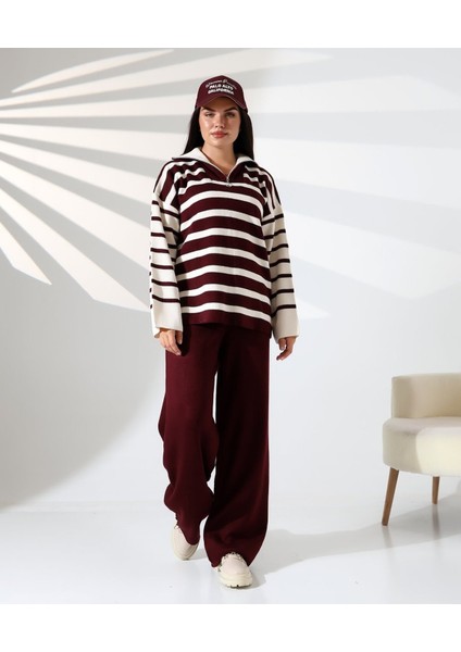 Fermuarlı Yaka Çizgili Sportif Triko Takım
