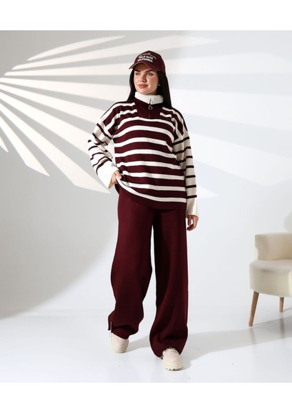 Fermuarlı Yaka Çizgili Sportif Triko Takım modelleri