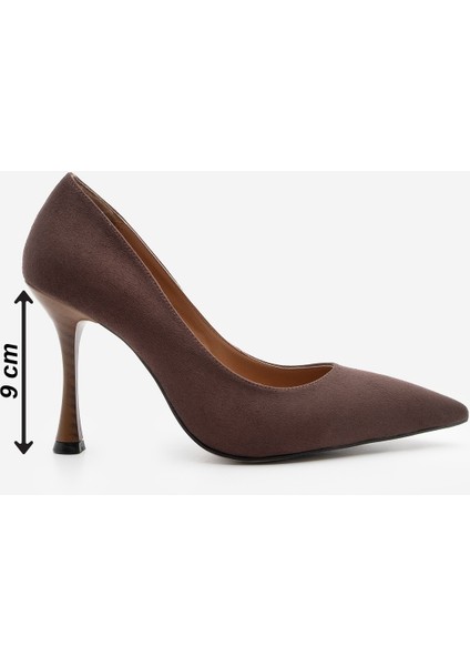 Kadın Stiletto Sivri Burun Ahşap Ökçe Desenli Topuklu Ayakkabı Oplin Kahve Süet modelleri