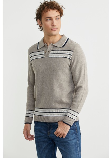 Polo Yaka Kilim Motifli Triko Kazak - Vizon fırsatları