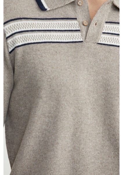 Polo Yaka Kilim Motifli Triko Kazak - Vizon indirimleri