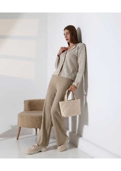 Çizgili Polo Yaka Kadın Triko Takım fiyatları