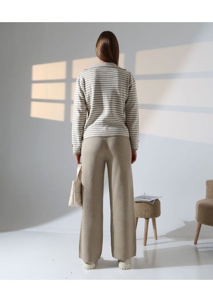 Çizgili Polo Yaka Kadın Triko Takım indirimleri