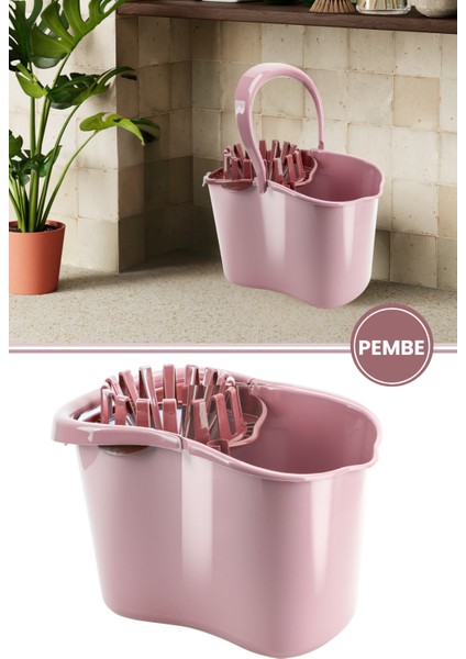 Sıkmalı Temizlik Kovası 15 litre, Standart Sıkmalı Yer Zemin Temizlik Mop Kovası F065 Pembe