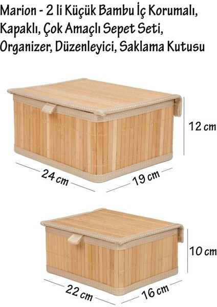 Marion - 2 Li Küçük Bambu Iç Korumalı, Kapaklı, Organizer, Düzenleyici, Saklama Kutusu