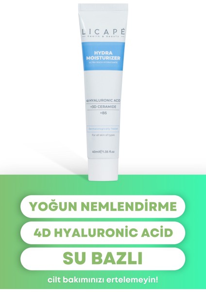 Nemlendirici Yüz Kremi 40 ml – 4D Hyaluronik Asit ve 3D Seramid ile Yoğun Nemlendirme, Aydınlatıcı Etki, Tüm Cilt Tiplerine Uygun