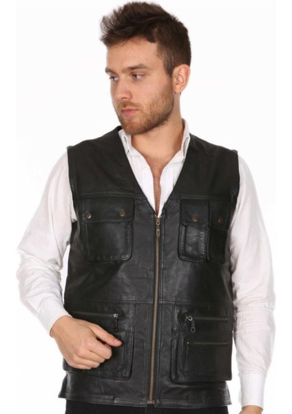 Hakiki Deri Siyah Fermuarlı Cepli Avcı Erkek Yelek fiyatları