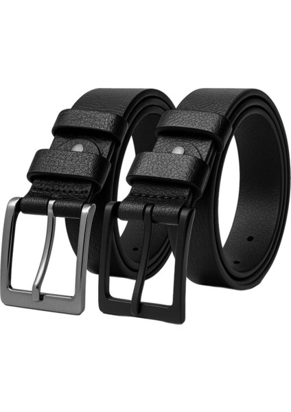 2 Adet 100 % Hakiki Deri Siyah Erkek Kumaş Kemer 3.4 cm