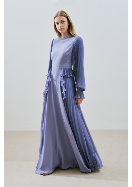 Katlı Piliseli Elbise Lila modelleri
