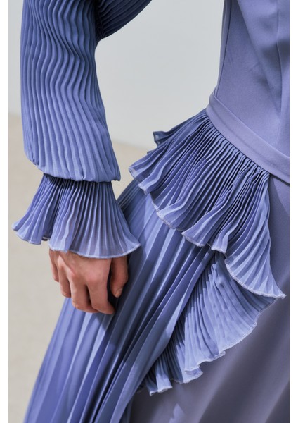 Katlı Piliseli Elbise Lila