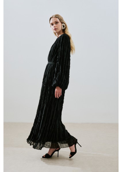 Piliseli Şifon Elbise Siyah indirimleri