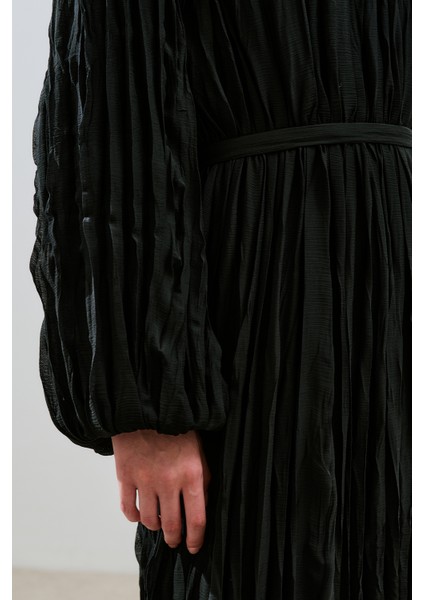 Piliseli Şifon Elbise Siyah