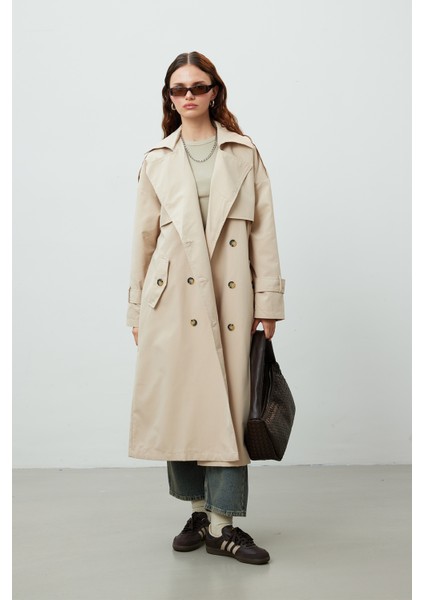 Düğmeli Kruvaze Trençkot Bej