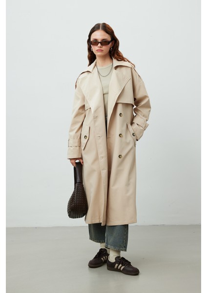 Düğmeli Kruvaze Trençkot Bej fiyatları