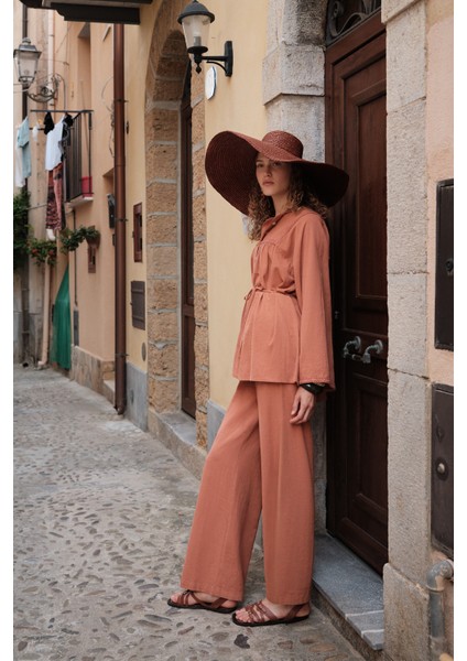 Dokulu Bağlamalı Pantolon Tarçın