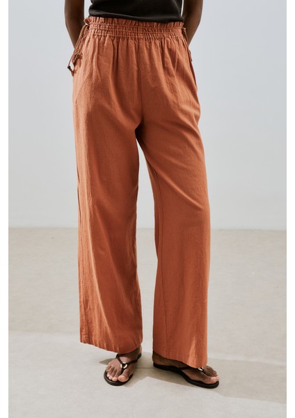 Dokulu Bağlamalı Pantolon Tarçın