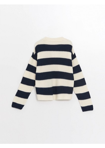 Lcw Kids Lacivert Bisiklet Yaka Çizgili Uzun Kollu Kız Çocuk Triko Kazak modelleri