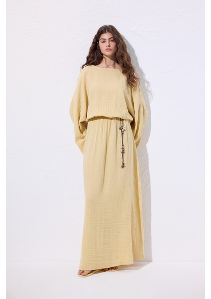 Müslin Beli Büzgülü Elbise Sarı