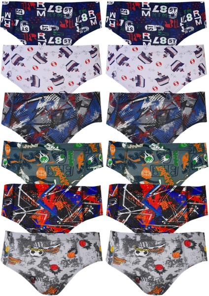 12LI Erkek Çocuk Renkli Desen Baskılı Slip Külot Iç Çamaşırı