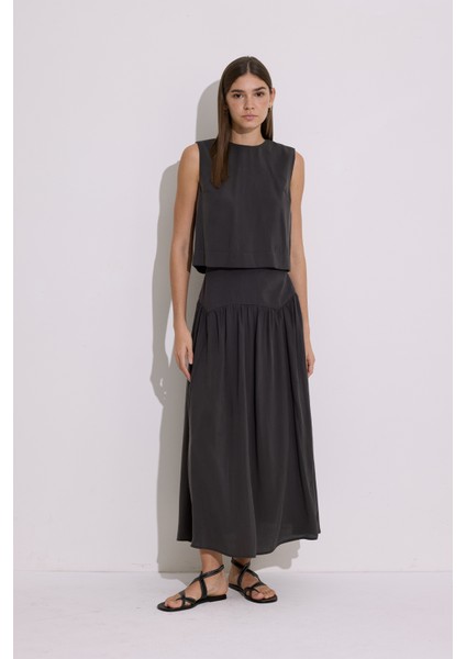Modal Büzgülü Uzun Etek Antrasit