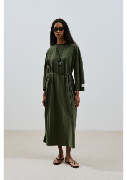 Oversıze Uzun Rahat Elbise Koyu Yeşil
