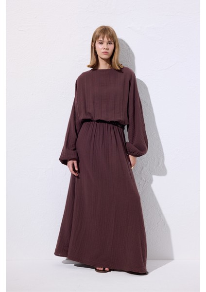 Müslin Beli Büzgülü Elbise Mürdüm