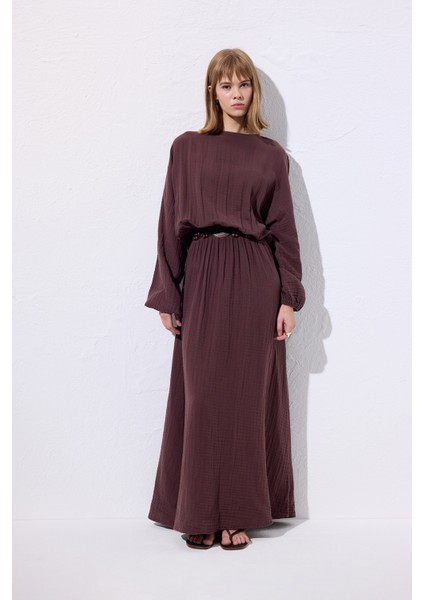 Müslin Beli Büzgülü Elbise Mürdüm fiyatları