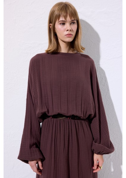 Müslin Beli Büzgülü Elbise Mürdüm modelleri