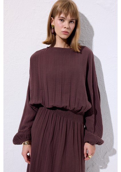 Müslin Beli Büzgülü Elbise Mürdüm indirimleri