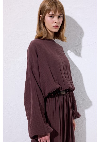 Müslin Beli Büzgülü Elbise Mürdüm