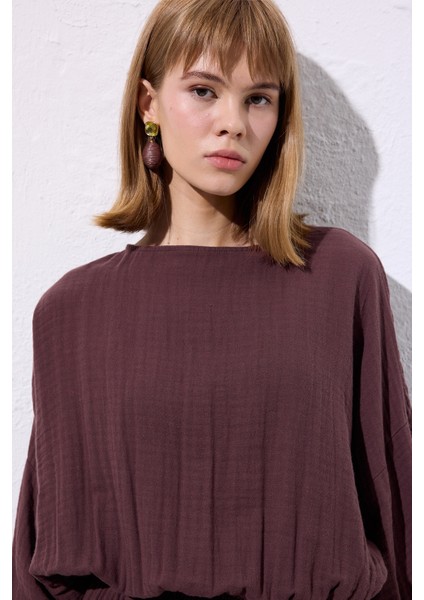 Müslin Beli Büzgülü Elbise Mürdüm