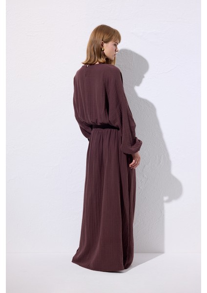 Müslin Beli Büzgülü Elbise Mürdüm