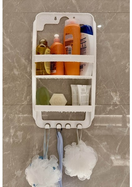 Beyaz, 3 Katlı Banyo Duş Rafı - Askılıklı Banyo Organizeri - Delmeden Montaj modelleri