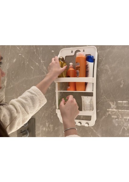 Beyaz, 3 Katlı Banyo Duş Rafı - Askılıklı Banyo Organizeri - Delmeden Montaj fırsatları